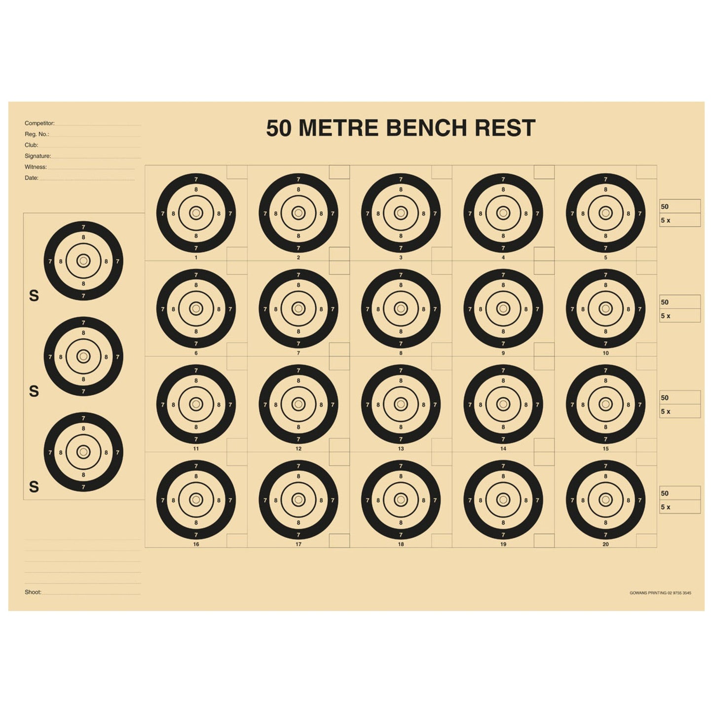50m Double Sided Target 5 Bull ISSF & 20 Bull Benchrest (200 Pack)